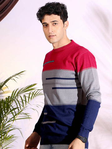 Red Tri Color Pure Cotton Knitted Men T-Shirt