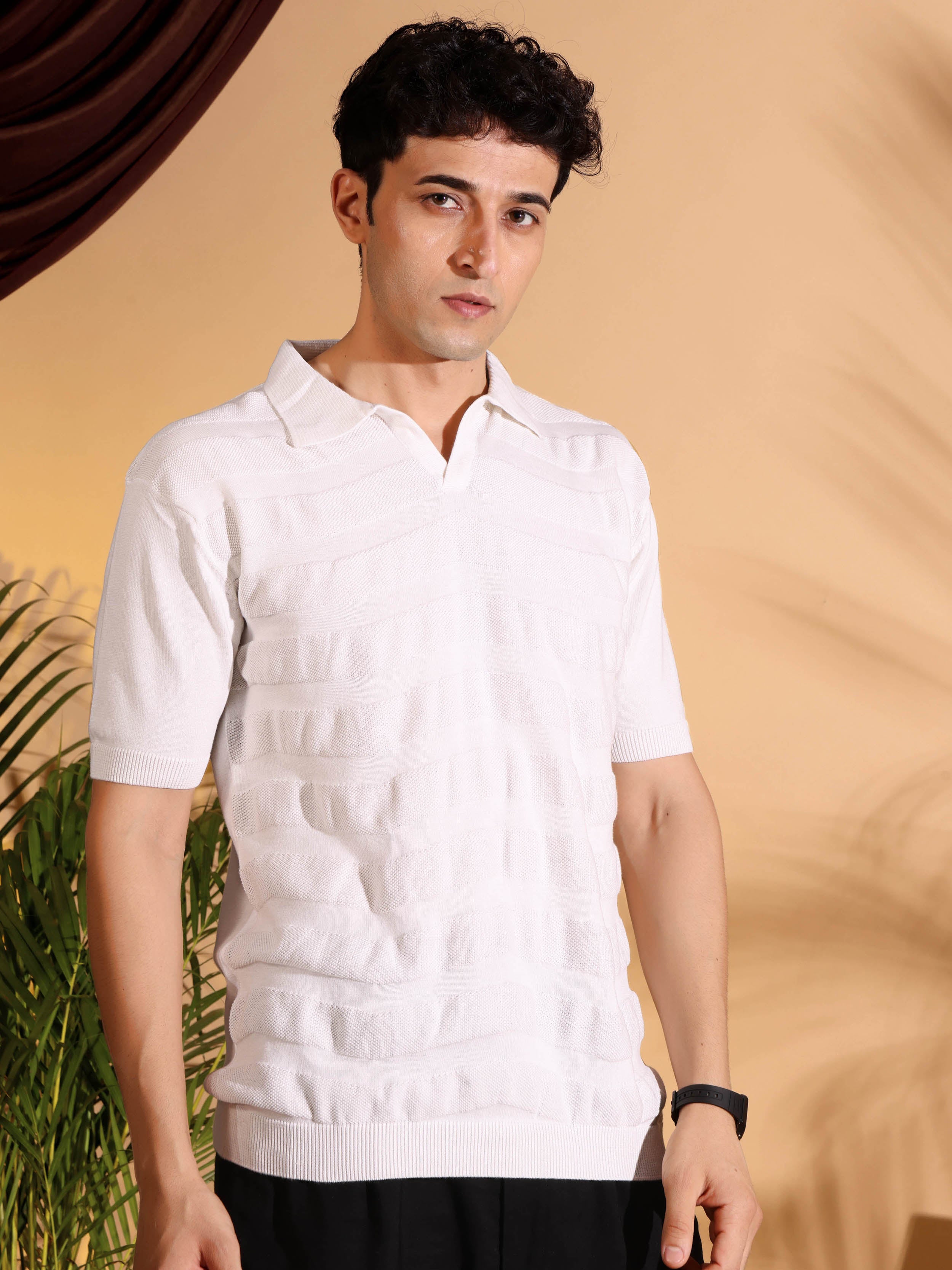 White Pure Cotton Textured Polo Men's Knitted T-Shirt