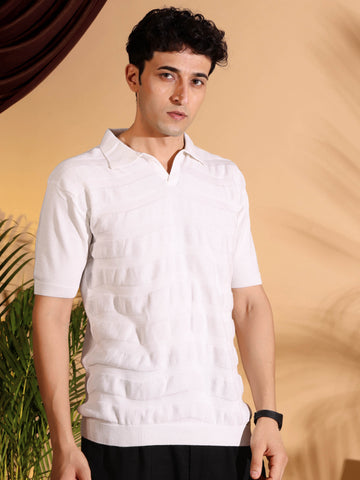 White Pure Cotton Textured Polo Men's Knitted T-Shirt