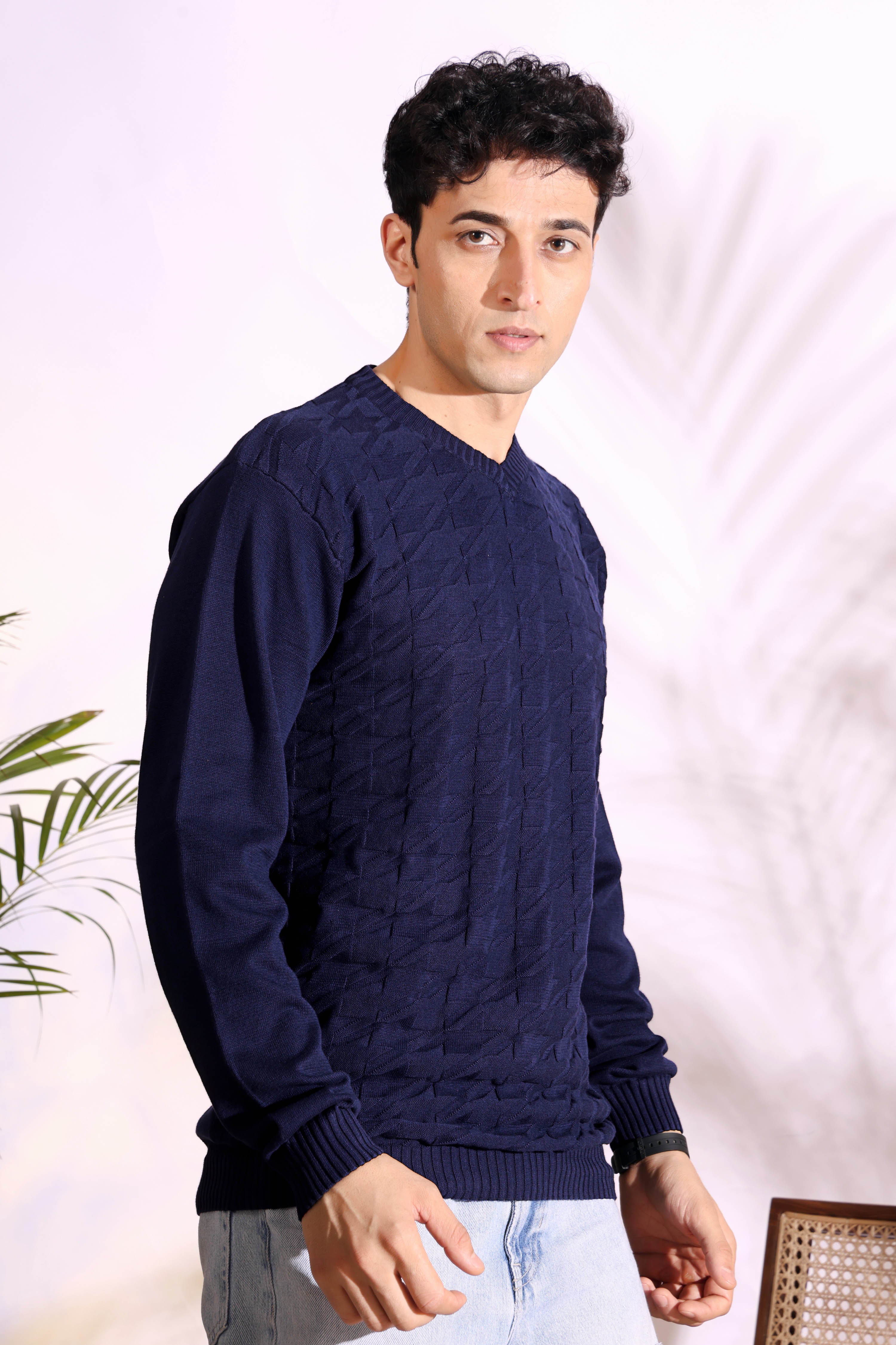 V-neck Blue Pure Cotton Textured Men's Knitted T-Shirt