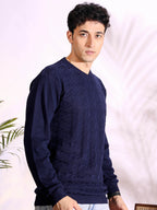 V-neck Blue Pure Cotton Textured Men's Knitted T-Shirt