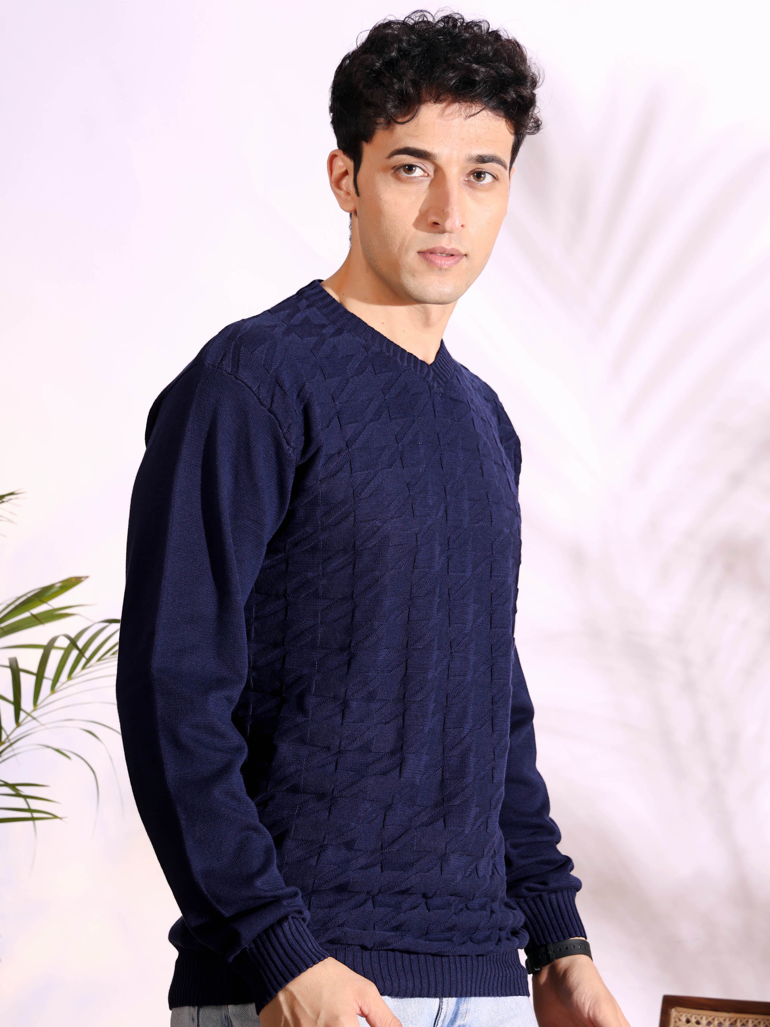 V-neck Blue Pure Cotton Textured Men's Knitted T-Shirt