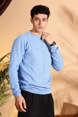Blue Self Structured Box Pure Cotton knitted T-Shirt