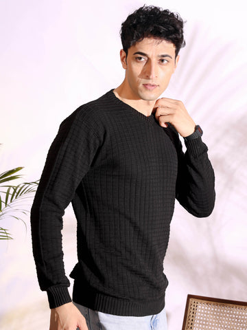 V-neck Black Pure Cotton Textured Men's Knitted T-Shirt