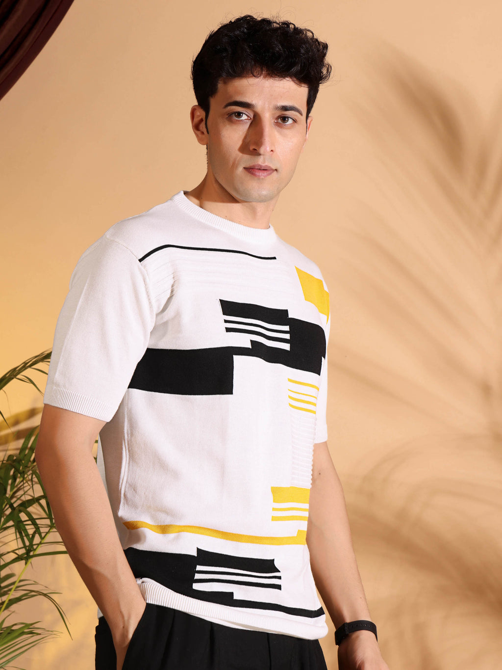 Attractive Blush White Self Pattern Knitted T-Shirt