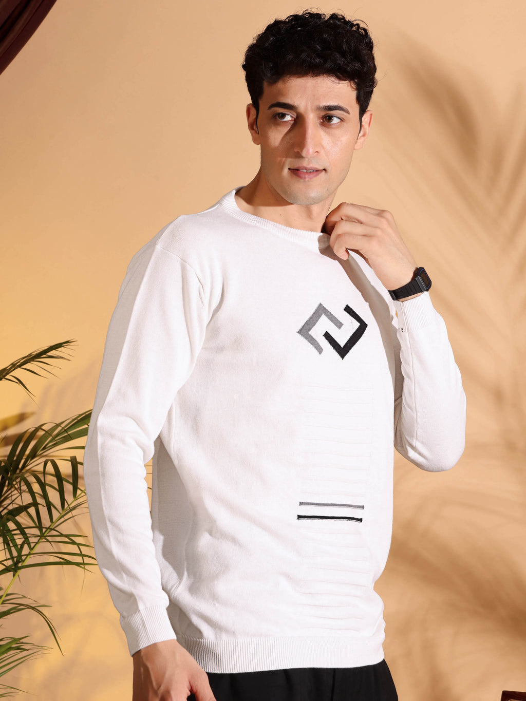 Exclusive White Self Structured Cotton knitted T-Shirt