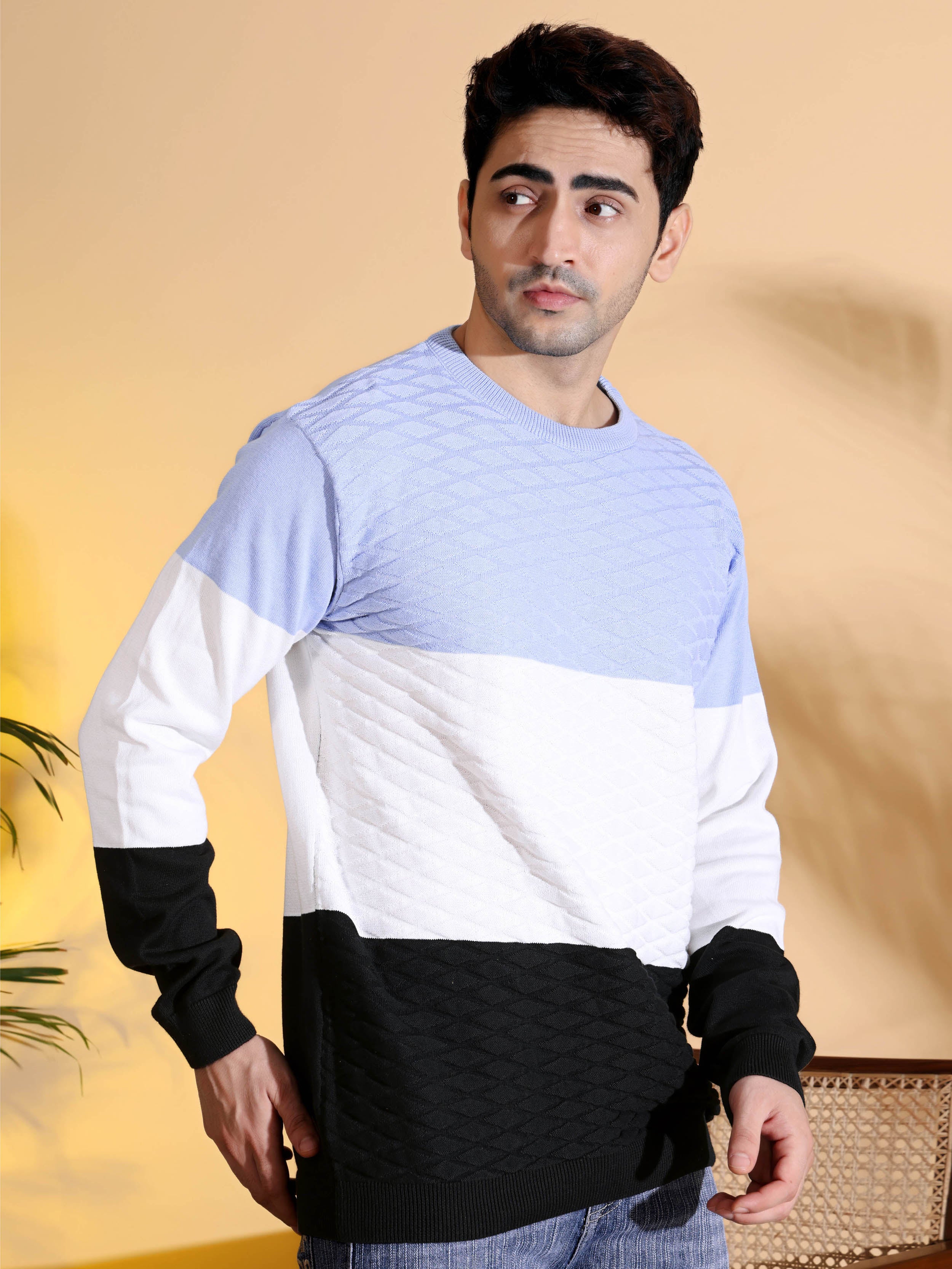 Blue Tri Color Pure Cotton Knitted Men T-Shirt