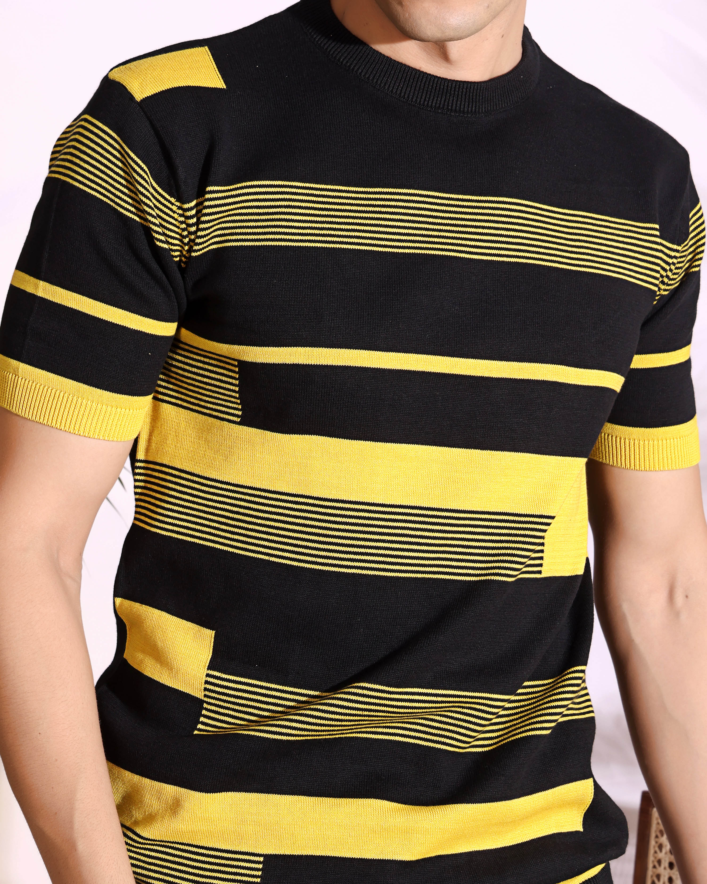 Yellow Stripe Pure Cotton Men's Knitted T-Shirt