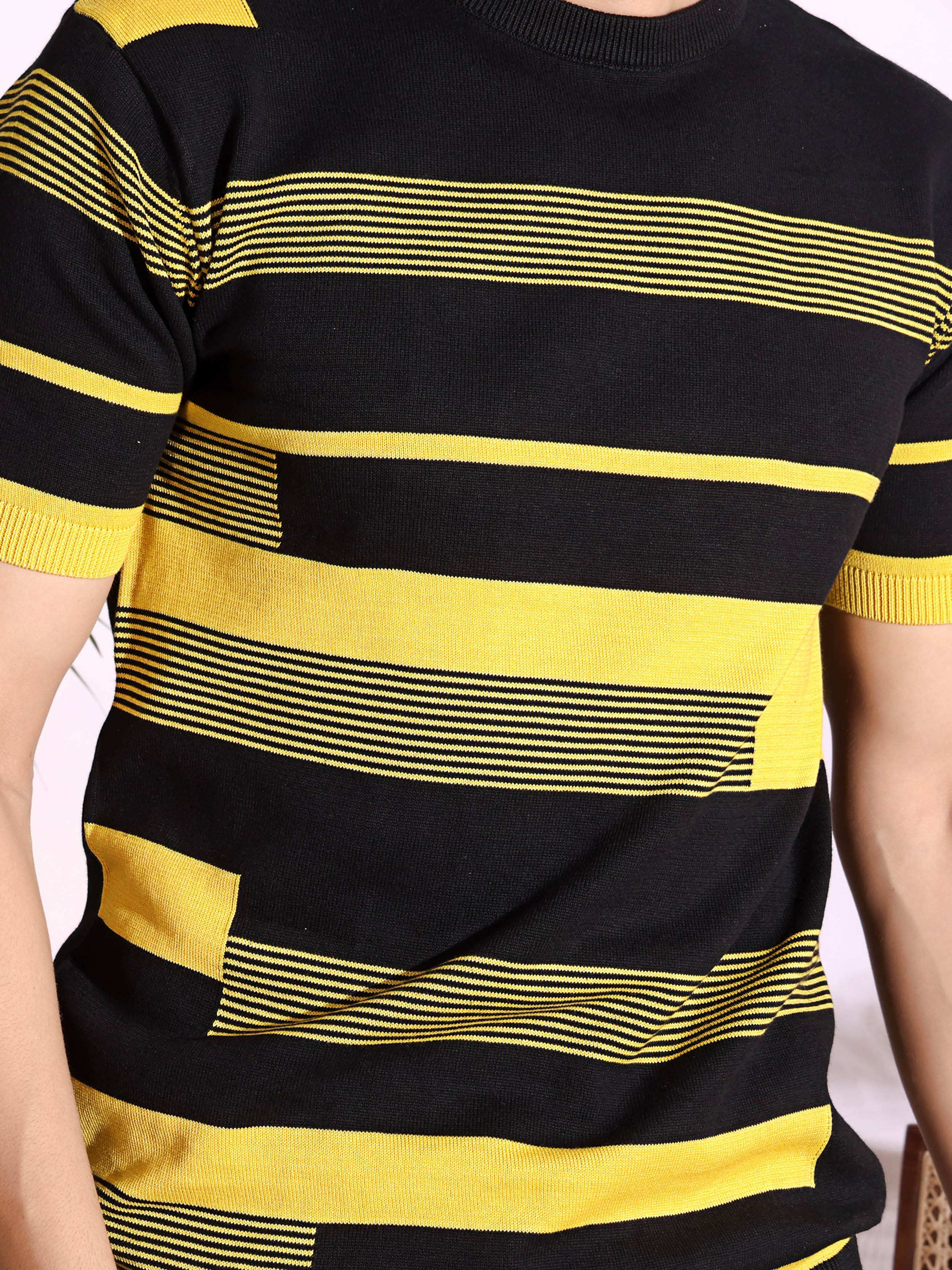 Yellow Stripe Pure Cotton Men's Knitted T-Shirt
