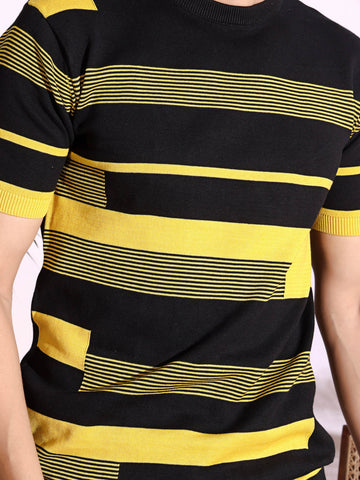 Yellow Stripe Pure Cotton Men's Knitted T-Shirt