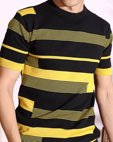 Yellow Stripe Pure Cotton Men's Knitted T-Shirt