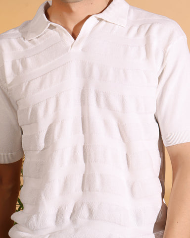 White Pure Cotton Textured Polo Men's Knitted T-Shirt