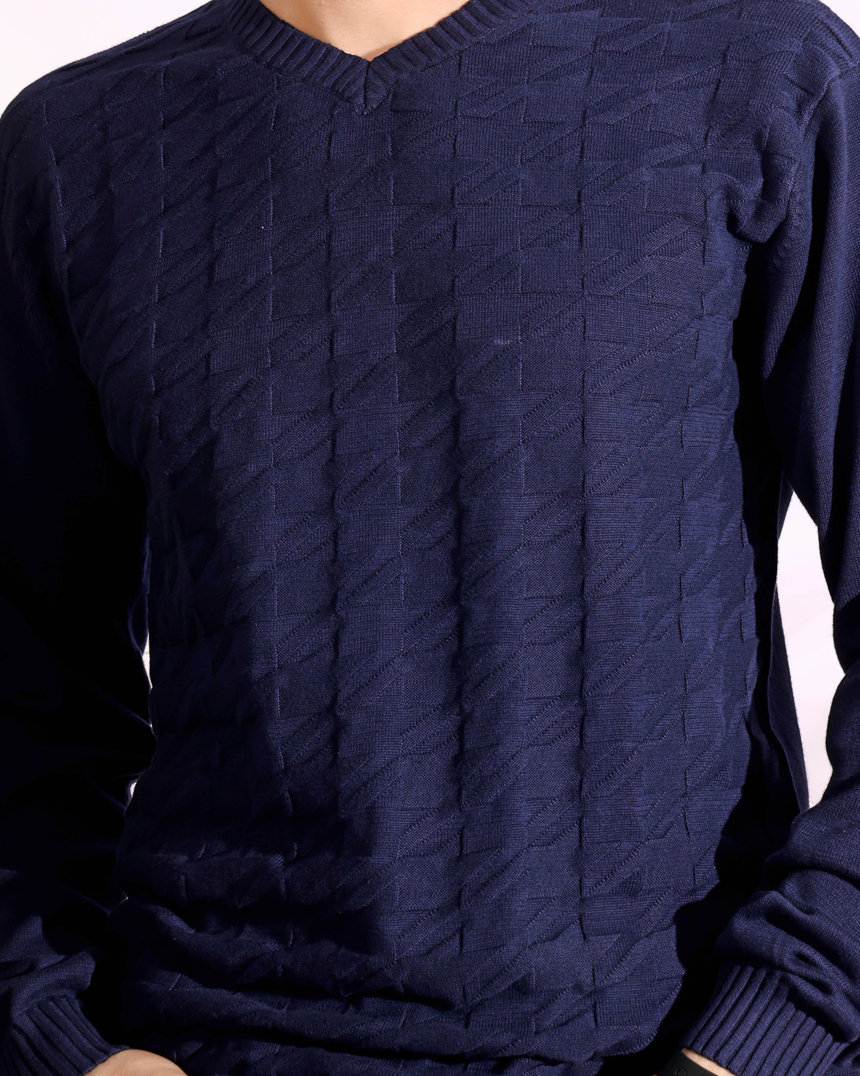 V-neck Blue Pure Cotton Textured Men's Knitted T-Shirt