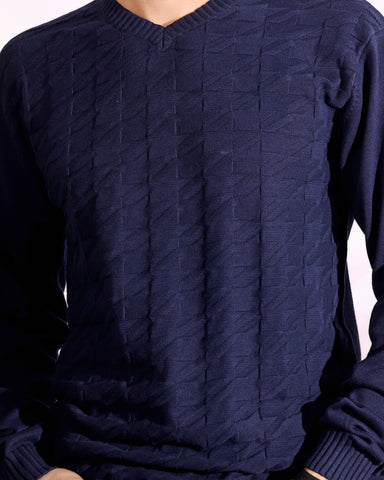 V-neck Blue Pure Cotton Textured Men's Knitted T-Shirt