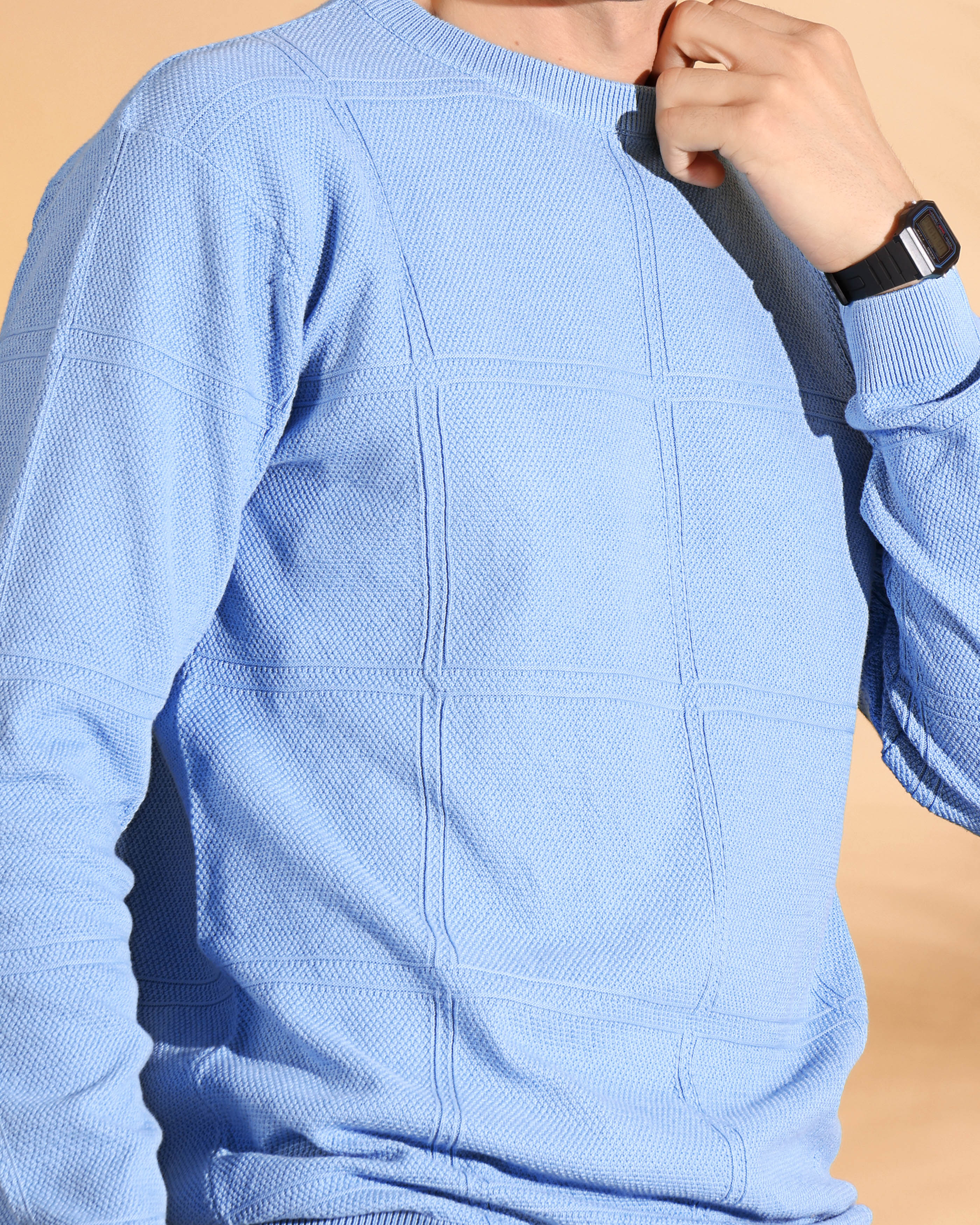 Blue Self Structured Box Pure Cotton knitted T-Shirt