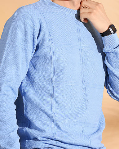 Blue Self Structured Box Pure Cotton knitted T-Shirt