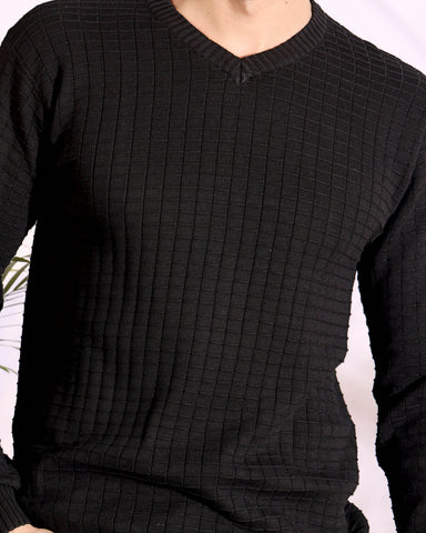 V-neck Black Pure Cotton Textured Men's Knitted T-Shirt