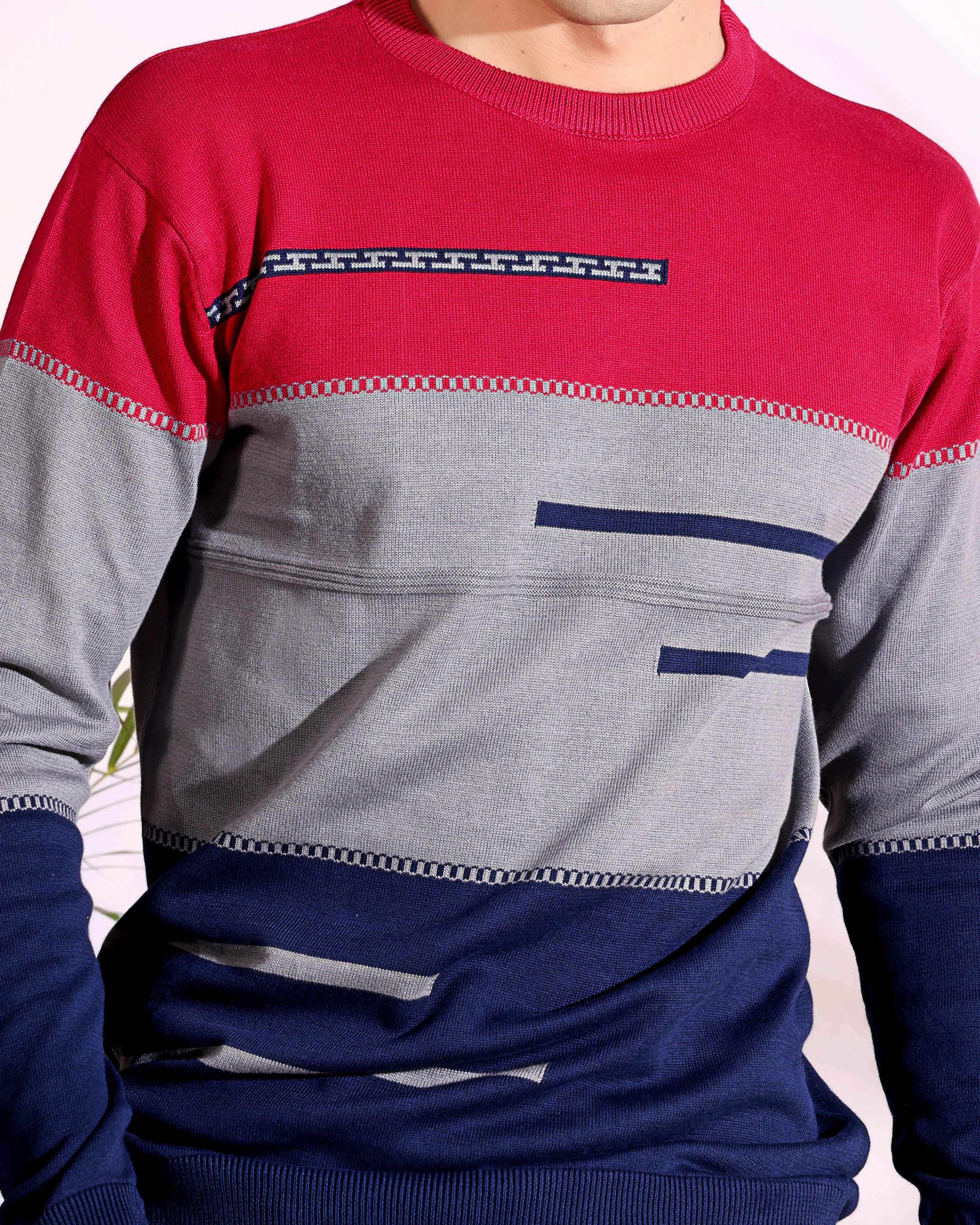 Red Tri Color Pure Cotton Knitted Men T-Shirt