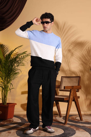 Blue Tri Color Pure Cotton Knitted Men T-Shirt