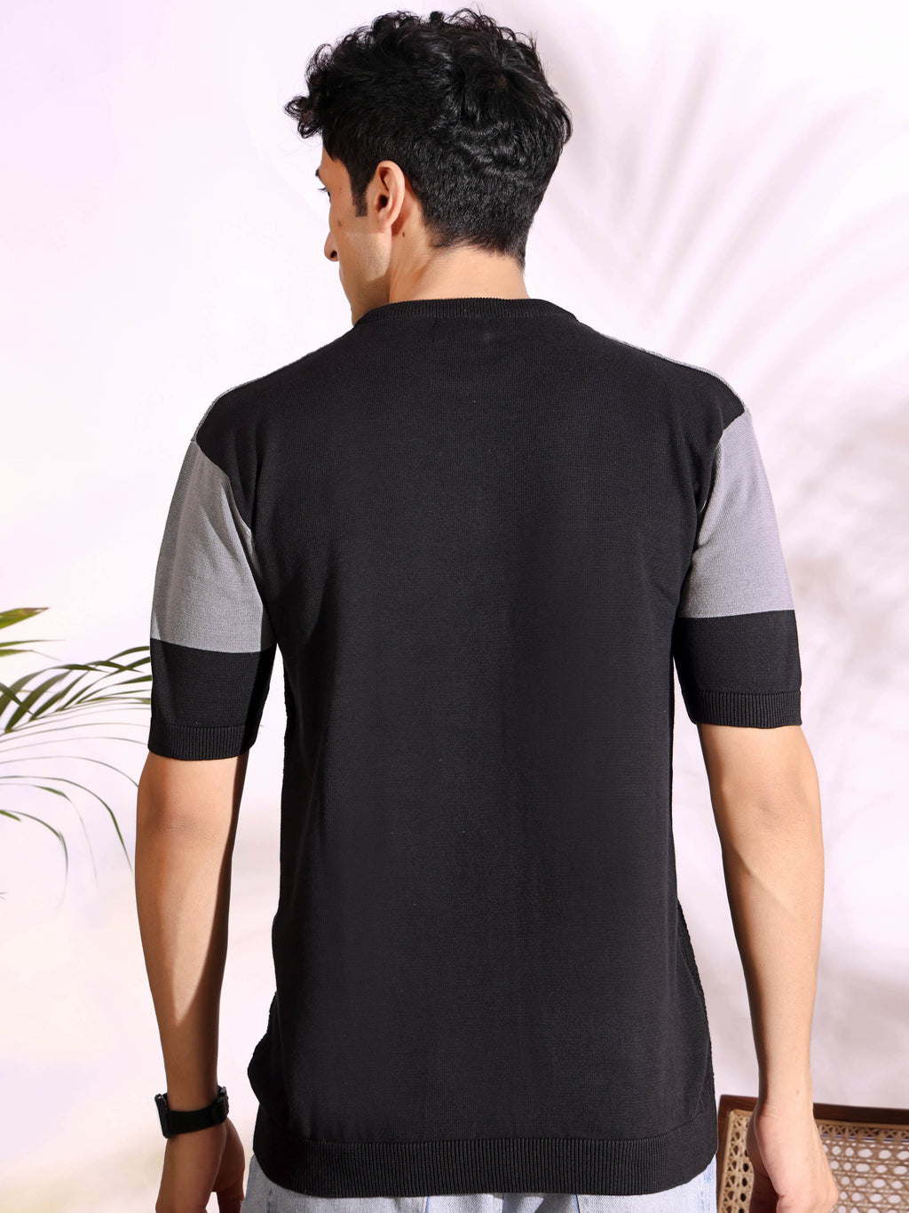 Density Grey Self Pattern Slim Fit Knitted T-Shirt