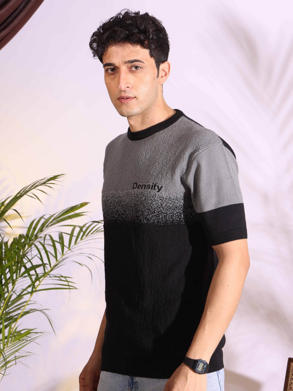 Density Grey Self Pattern Slim Fit Knitted T-Shirt