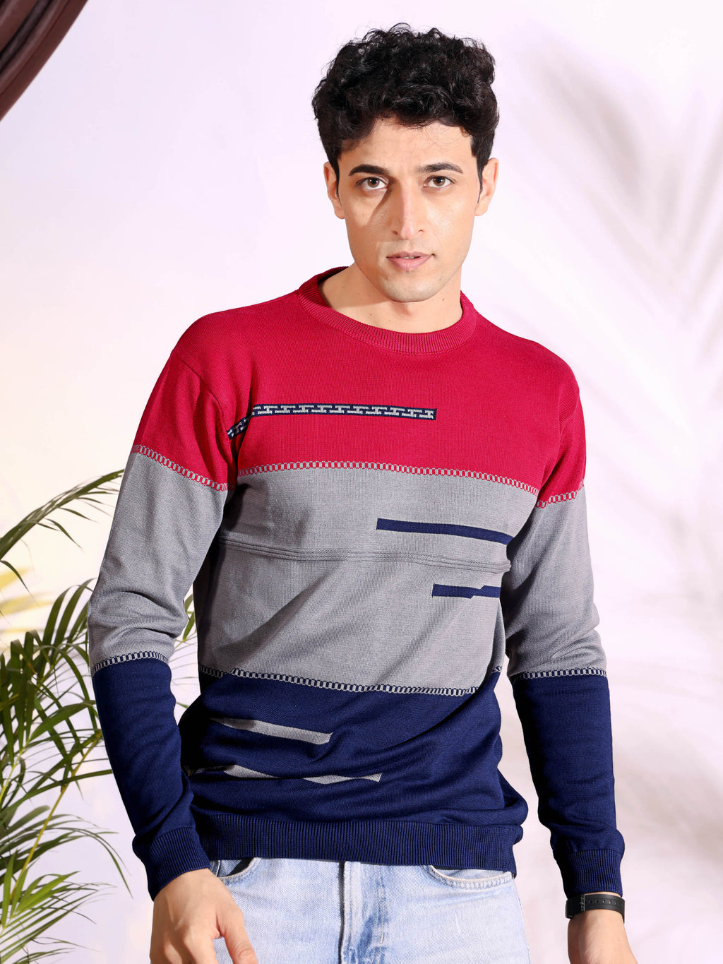 Red Tri Color Pure Cotton Knitted Men T-Shirt