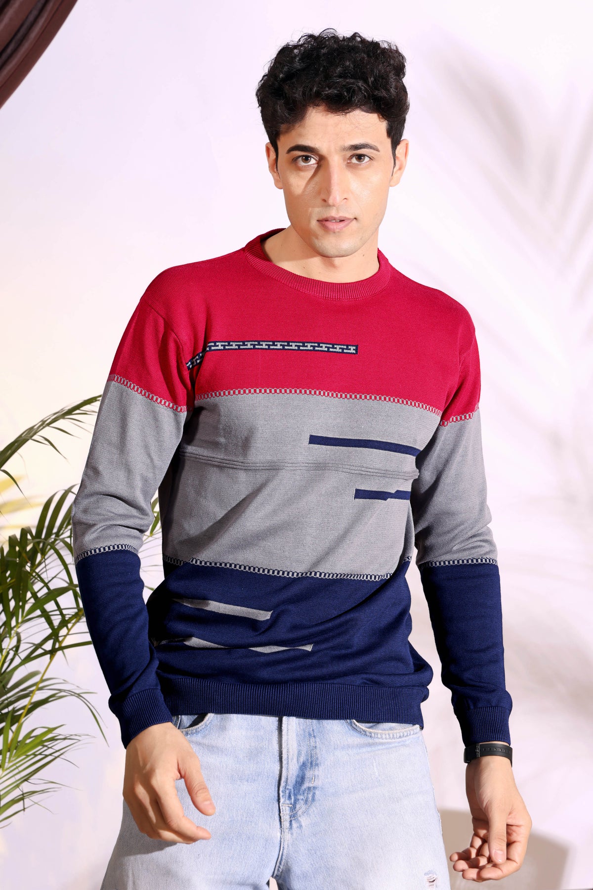 Red Tri Color Pure Cotton Knitted Men T-Shirt