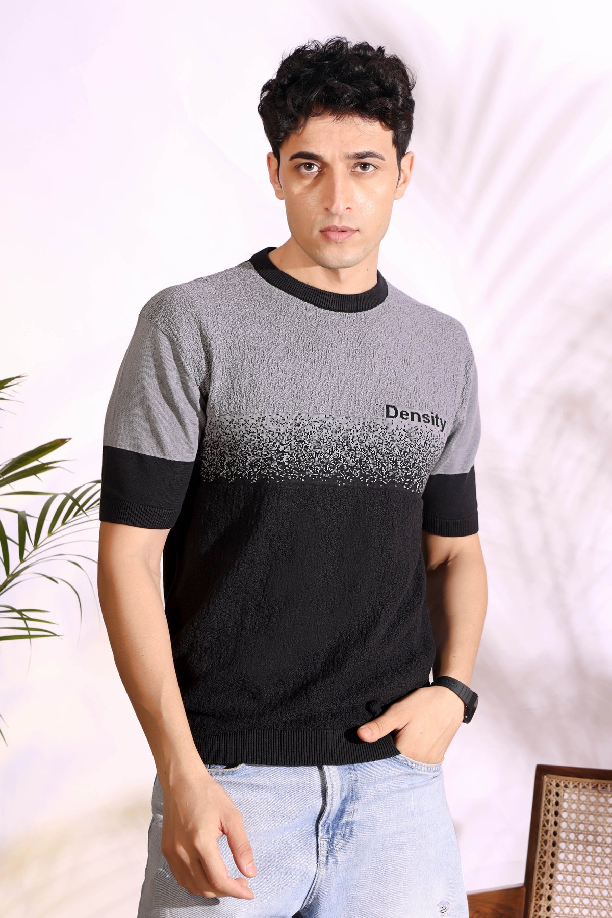 Density Grey Self Pattern Slim Fit Knitted T-Shirt