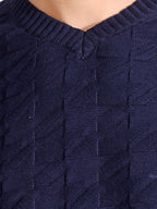 V-neck Blue Pure Cotton Textured Men's Knitted T-Shirt