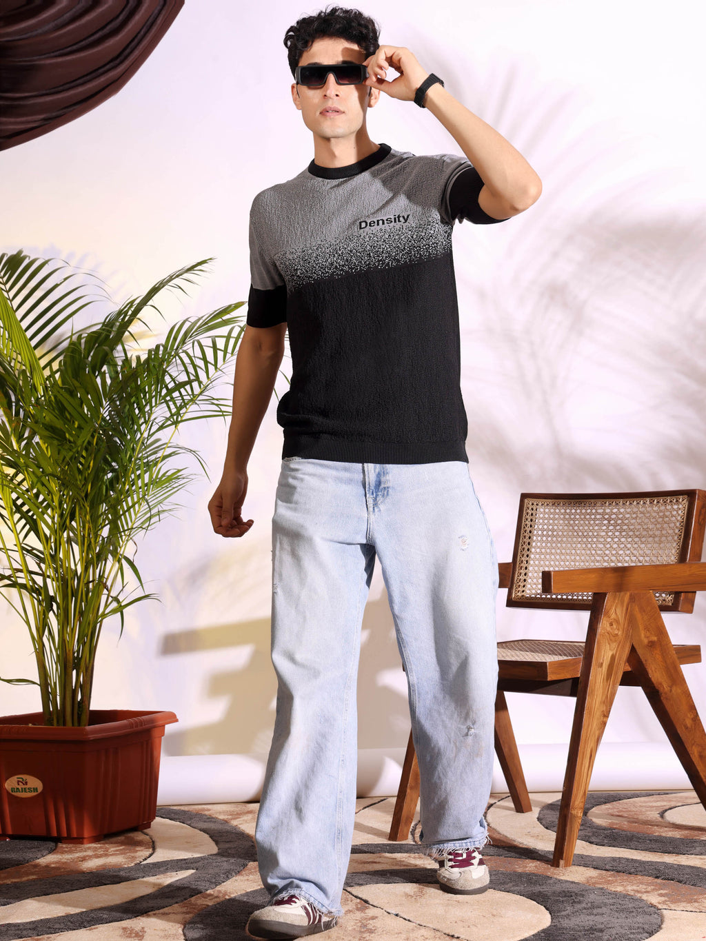 Density Grey Self Pattern Slim Fit Knitted T-Shirt