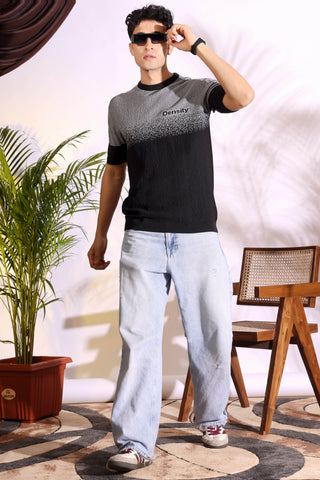 Density Grey Self Pattern Slim Fit Knitted T-Shirt