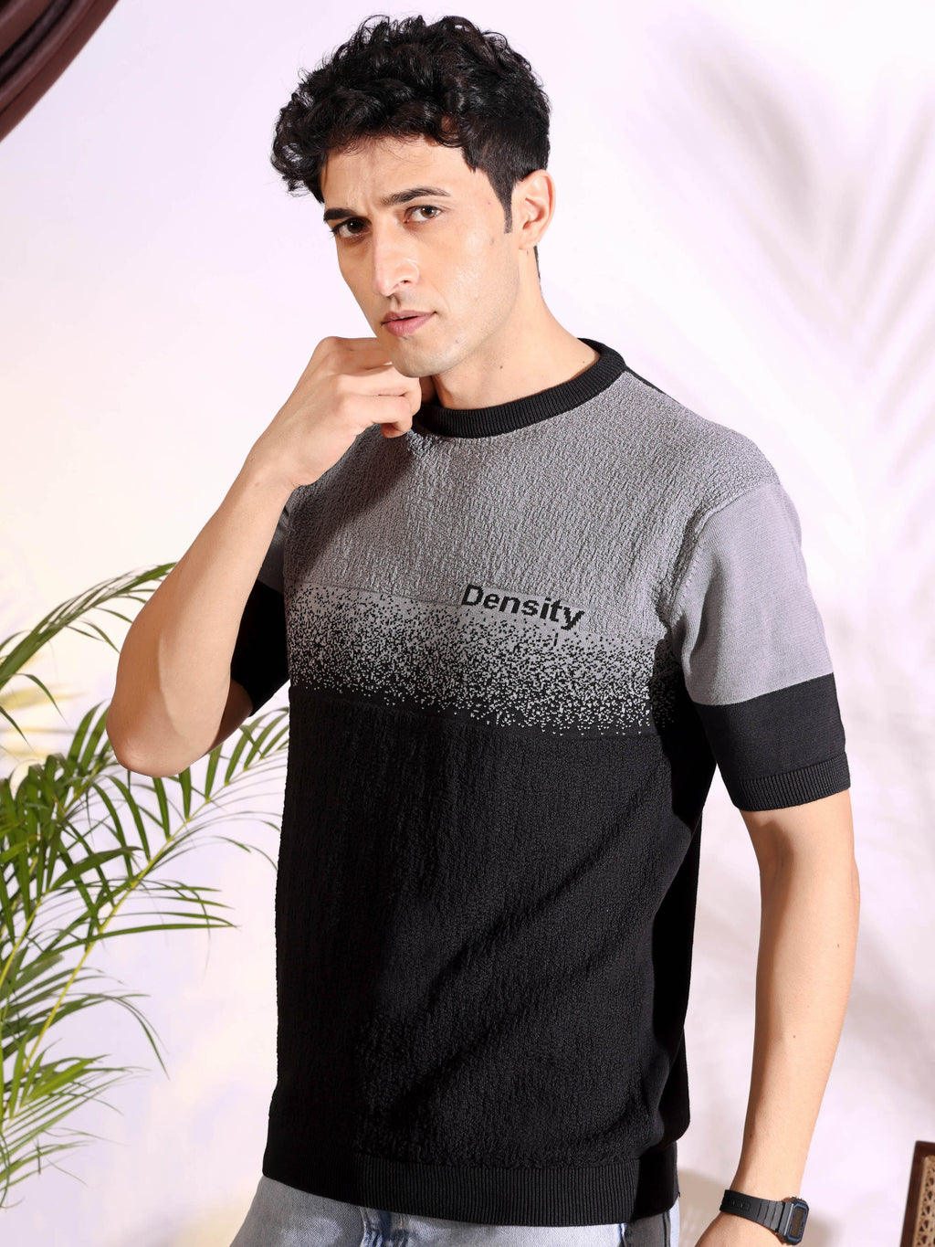 Density Grey Self Pattern Slim Fit Knitted T-Shirt