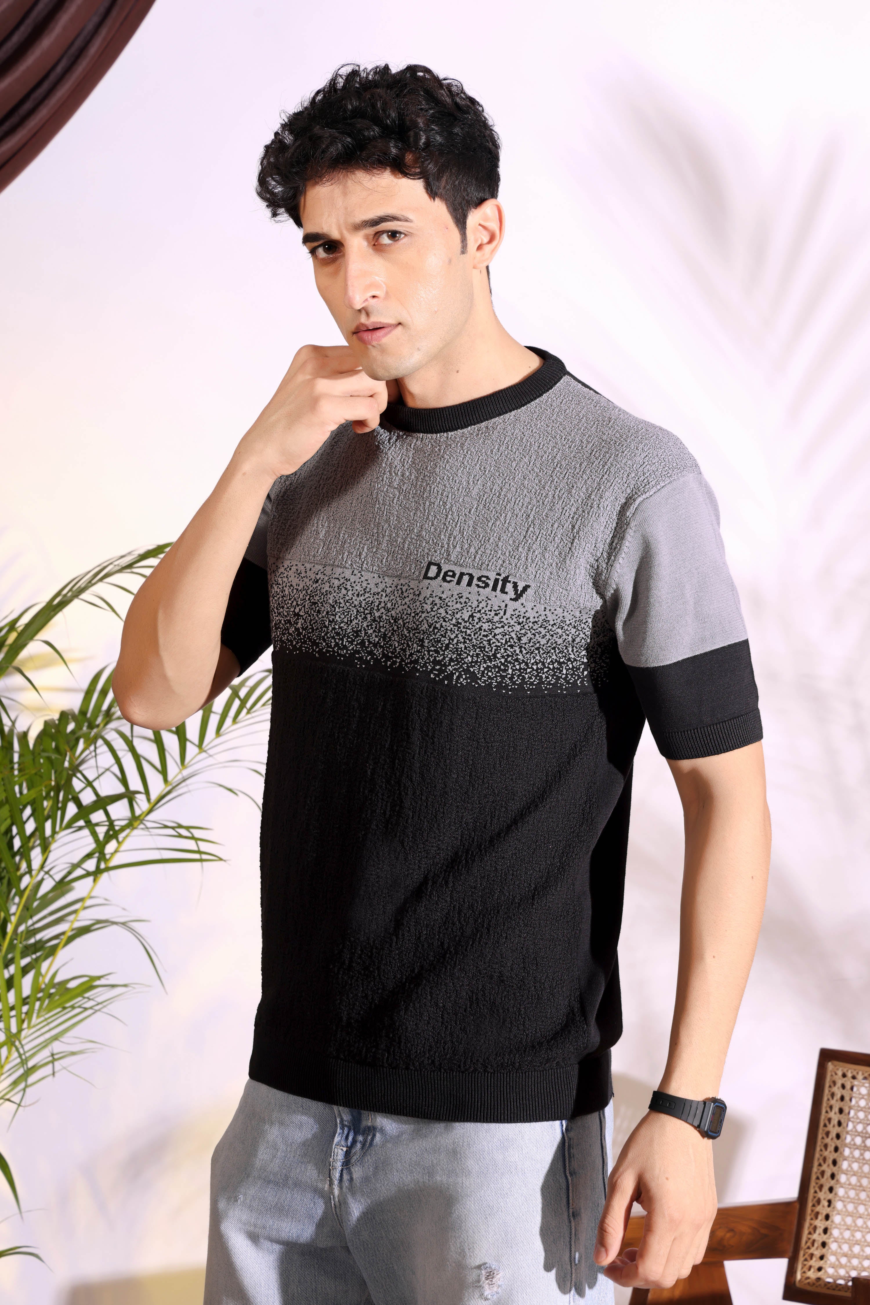 Density Grey Self Pattern Slim Fit Knitted T-Shirt