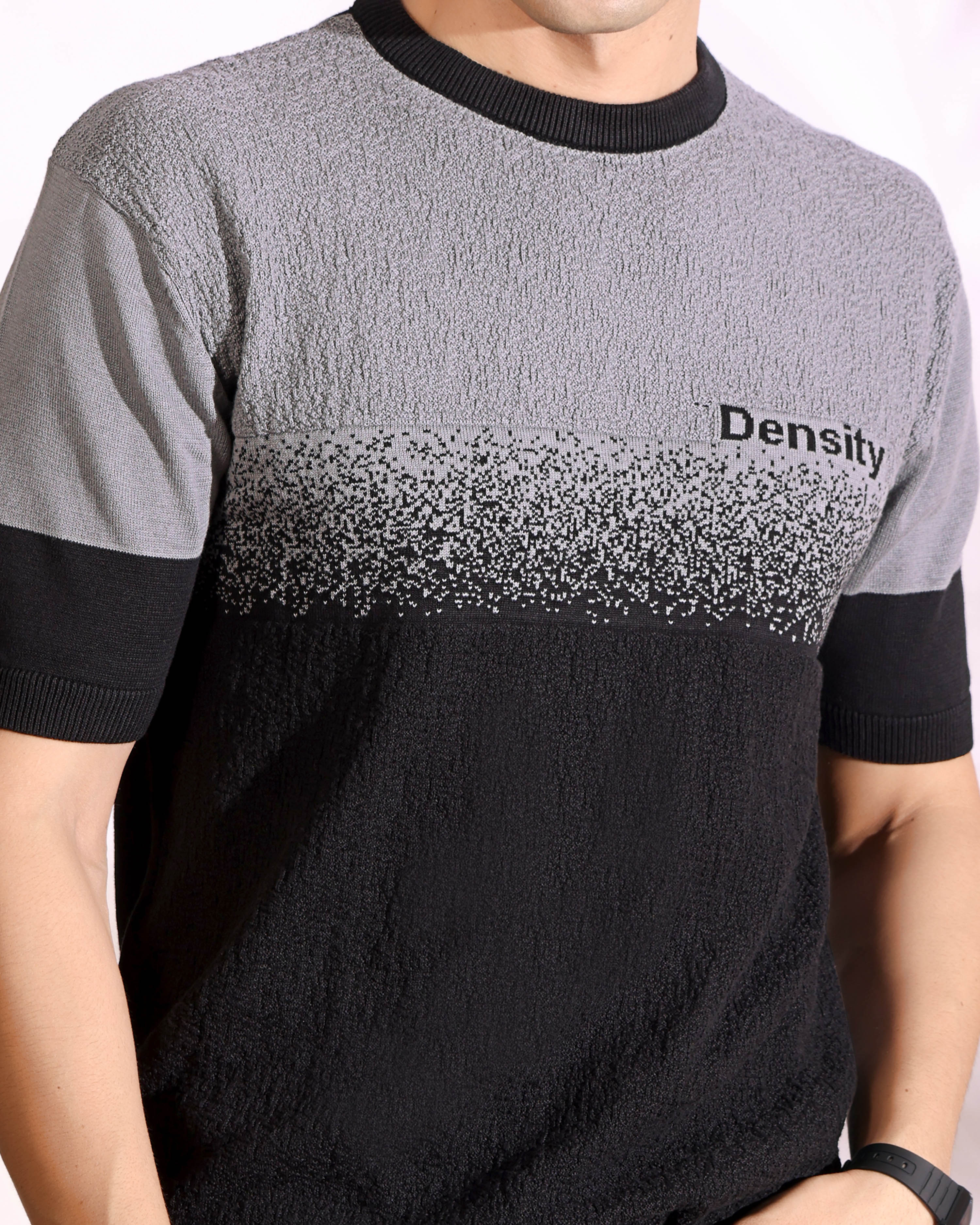 Density Grey Self Pattern Slim Fit Knitted T-Shirt