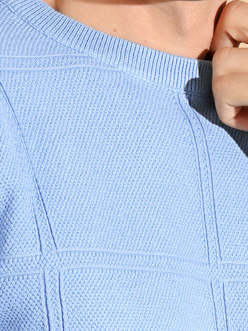 Blue Self Structured Box Pure Cotton knitted T-Shirt
